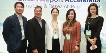 Five startups showcase their innovative technologies and solutions for the travel industry on HKSTP’s “Smart Airport Acceleration Programme” Demo Day. Photo shows the representatives of the five companies (from left) Barry Leung, Founder & Director, Lambda Sense Limited; Rio Chau, CEO, RV Automation Technology Co. Ltd.; Kara Ma, Business Development Manager, PerceptIn Limited; Susie Yuan, Project Manager, CyPhy Media Limited; and Lilia Kanesvska, Managing Partner, DMS Solutions (Hong Kong) Limited. PHOTO from HKSTP